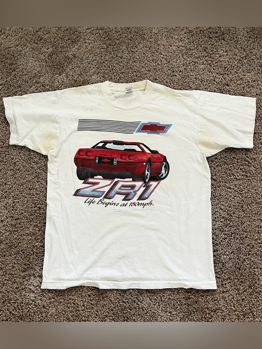 VINTAGE Fruit of the Loom White Tee with Red Corvette ZR1 Graphic